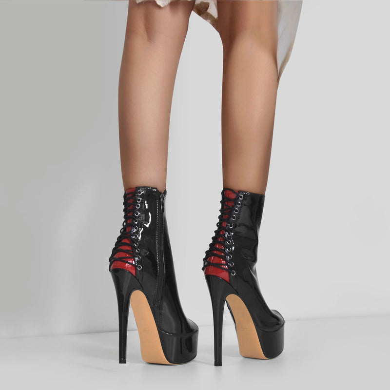 Red Peep Toe Patent Leather Zipper Ankle Boots