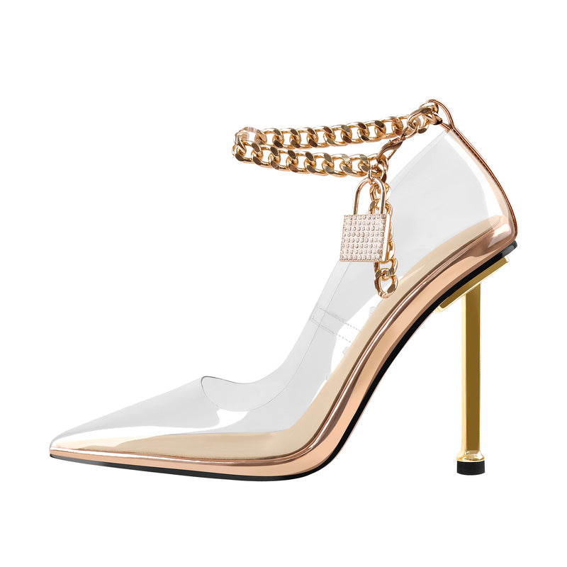 Clear Pointed Toe Metal Chain Lock High Metal Heels Stiletto Pumps