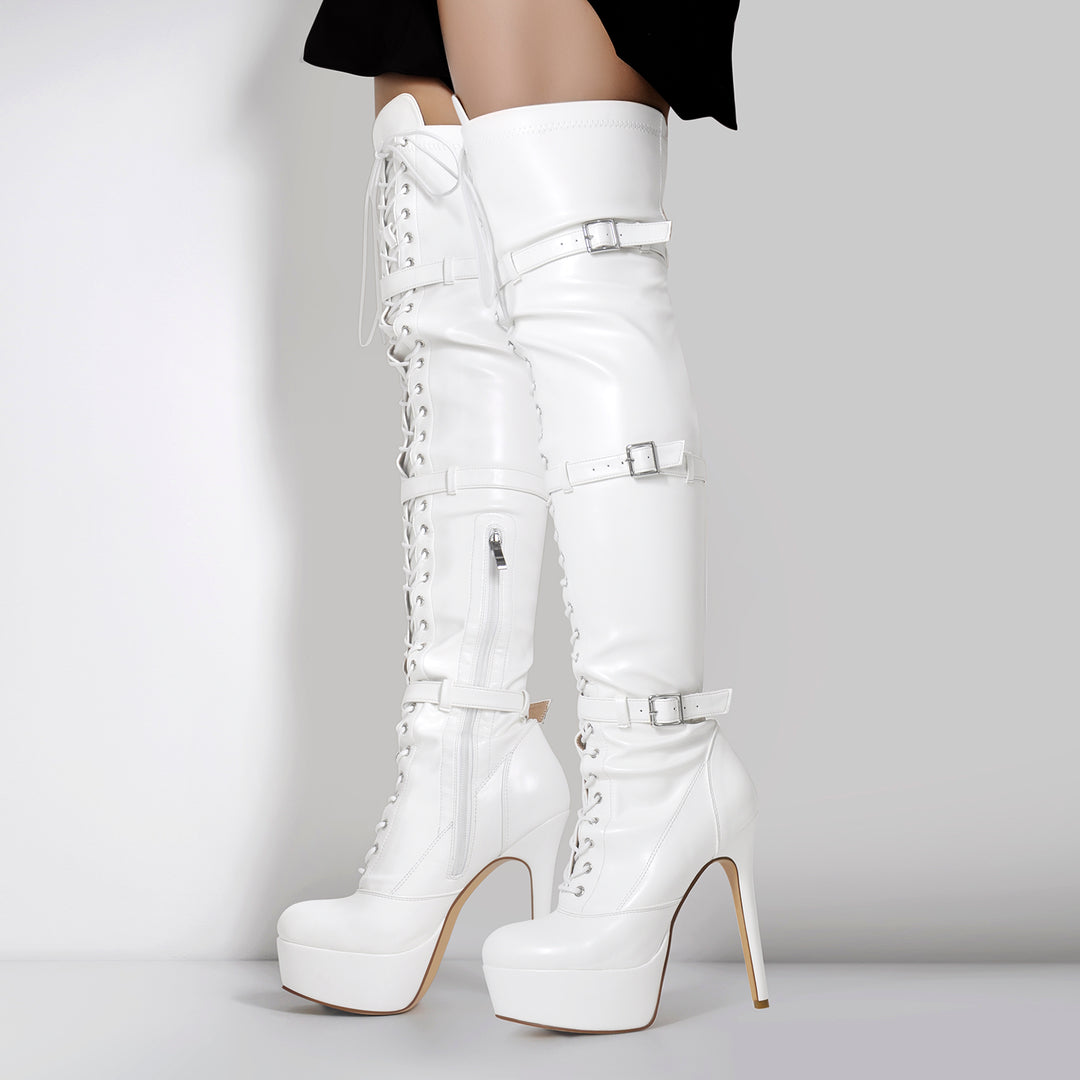 ★22-23AW新作★TheOpen Product★LEATHER THIGH HIGH BOOTS Over The Knee Pu Leather Thigh High Flat Boot – SHOE TIME