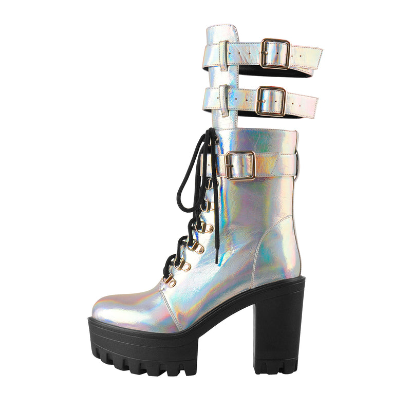 Holographic Platform Chunky Heels Boots