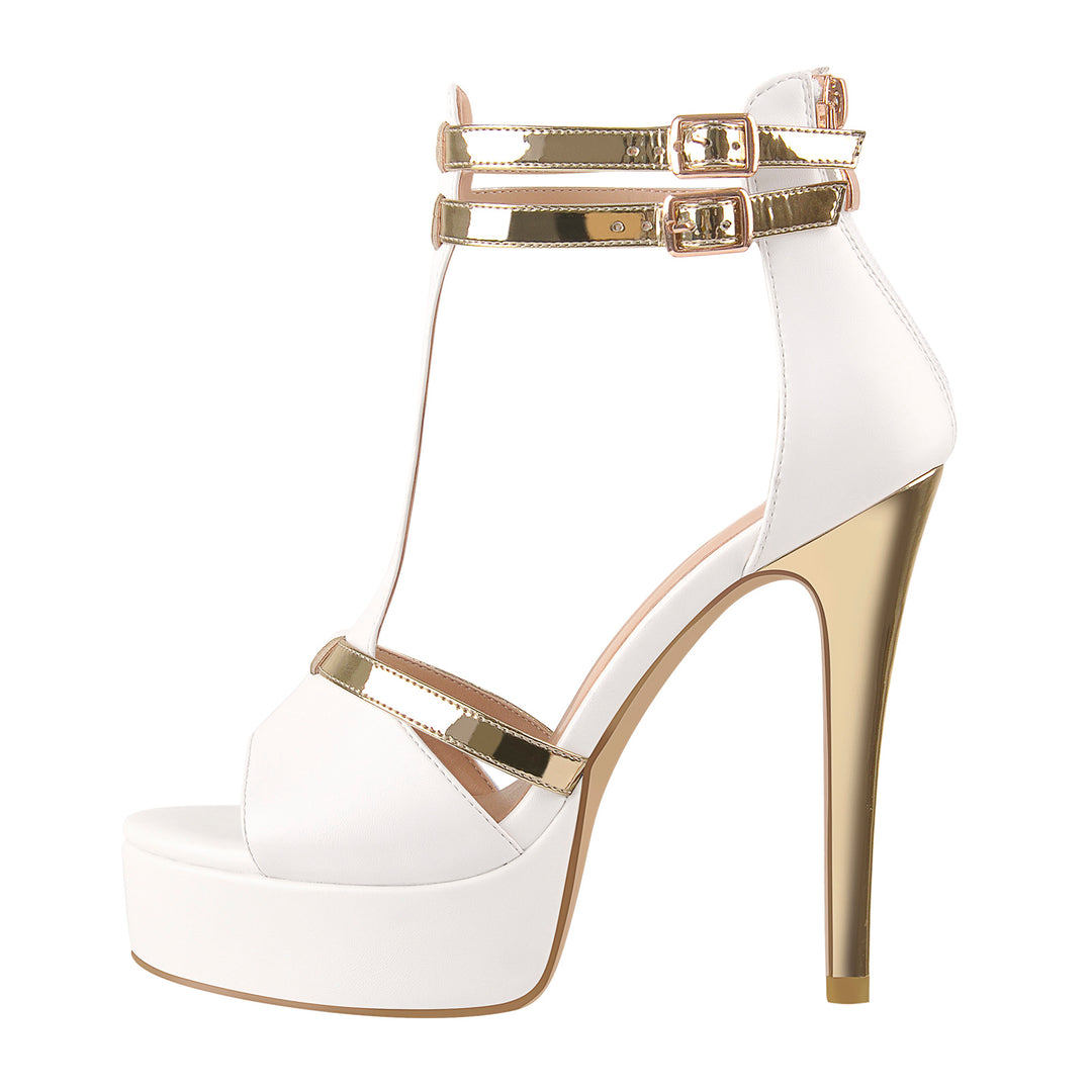 Gold T-Strap White Platform High Heel Sandals - Main Image