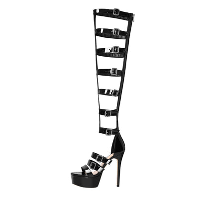 Round Toe Black Knee High Stiletto Boots Sandals