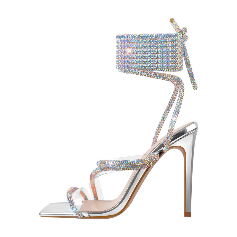High Heel Lace up Rhinestone  Strappy Sandals