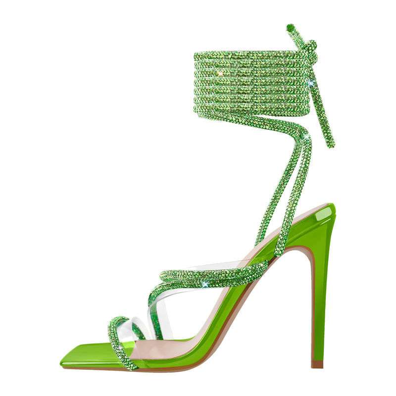 Green Rhinestone Lace-up High Heels Sandals