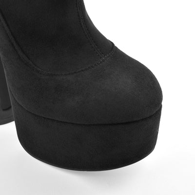 Black Round Toe Suede Platform High Heel Boots