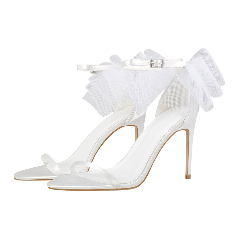 White Mesh Bow Ankle Strap Sandals