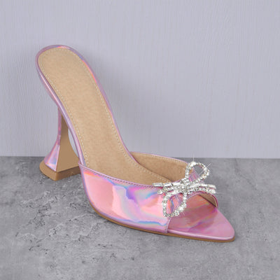 Pointed Toe Diamante Bow Tapered Heel Sandals
