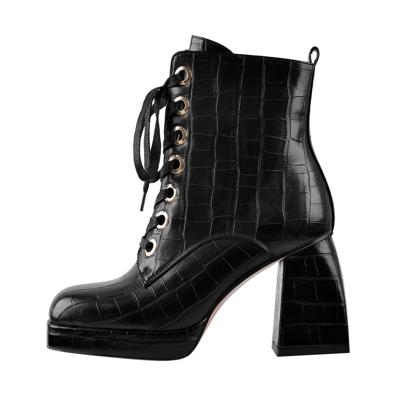 Black White Stone Square Toe Lace Zipper Chunky Heels Ankle Boots