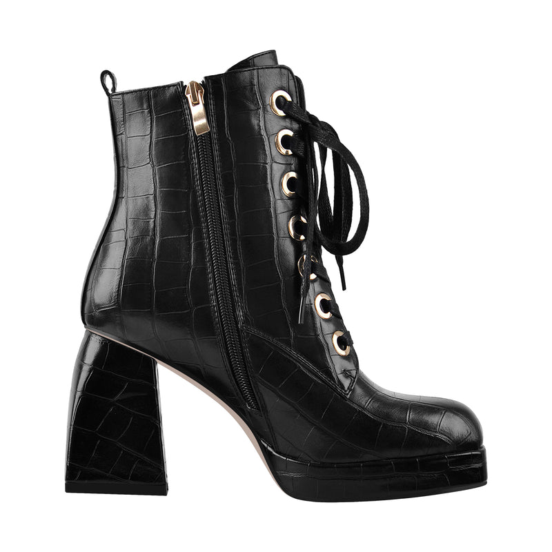 Black White Stone Square Toe Lace Zipper Chunky Heels Ankle Boots