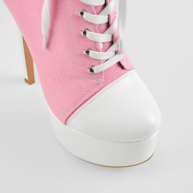 Platform Lace Up Zipper Pink Canvas Boots