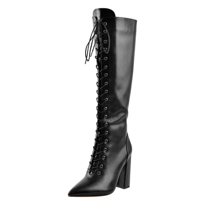 Pointed Toe Black Lace Up Zipper Knee High Chunky Heel Boots