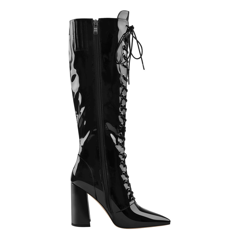 Pointed Toe Black Lace Up Zipper Knee High Chunky Heel Boots