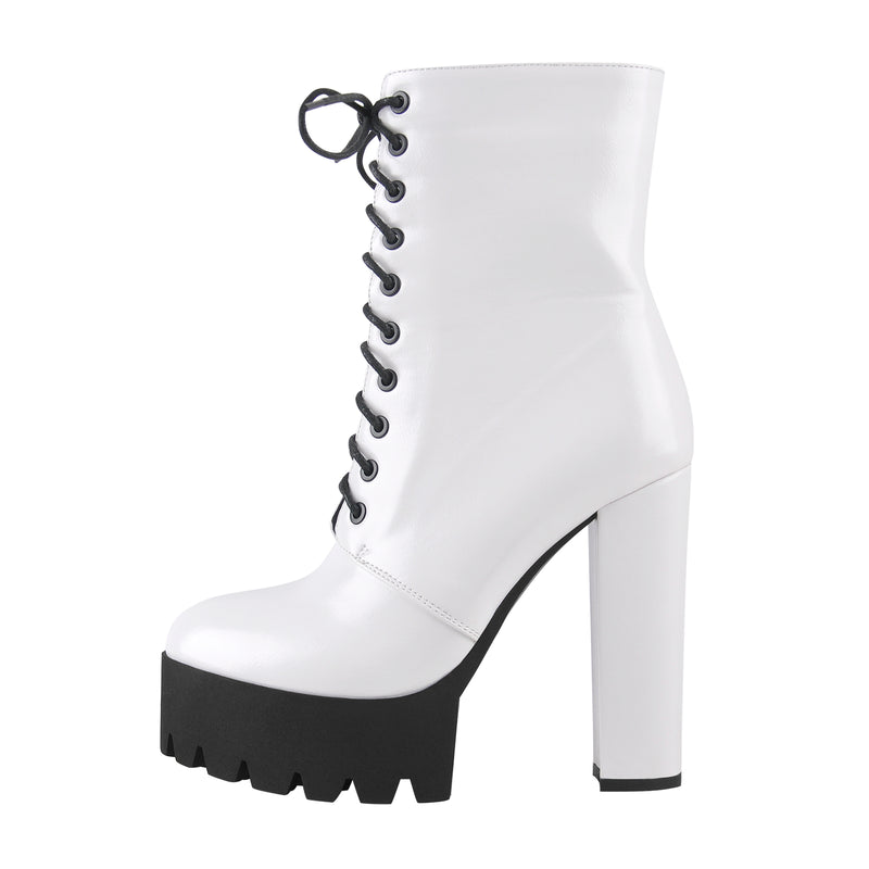 Lace Up White Platform Chunky Heels Zipper Boots