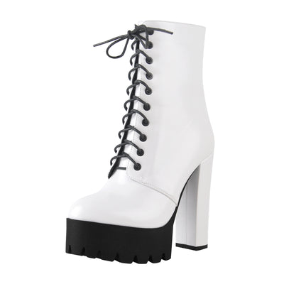 Lace Up White Platform Chunky Heels Zipper Boots