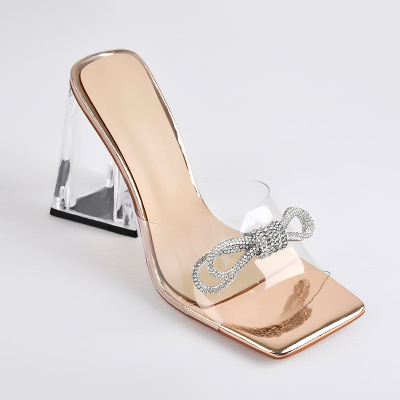 Square Toe Clear Band Diamante Bow Sandals