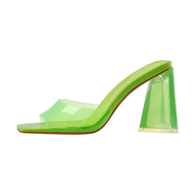 White Green Clear Chunky Heel Sandals Mules