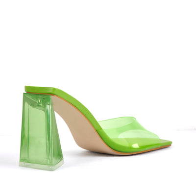 White Green Clear Chunky Heel Sandals Mules