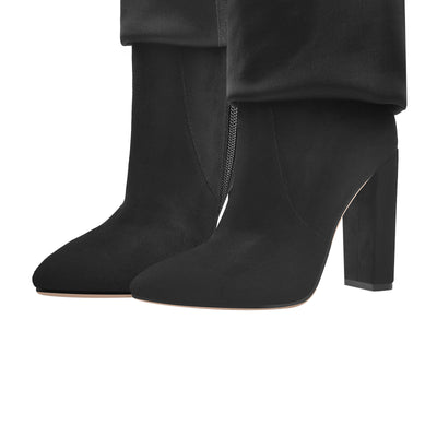 Black Suede Pointed Toe Zipper High Heel Fold Over Boots