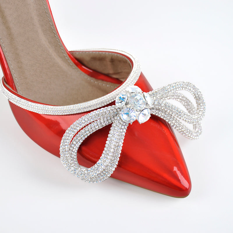 Pointed Toe Diamante Bow Rhinestone Strap Stiletto Sandals