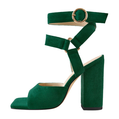 Square Toe Suede Ankle Strap Chunky Heel Sandals