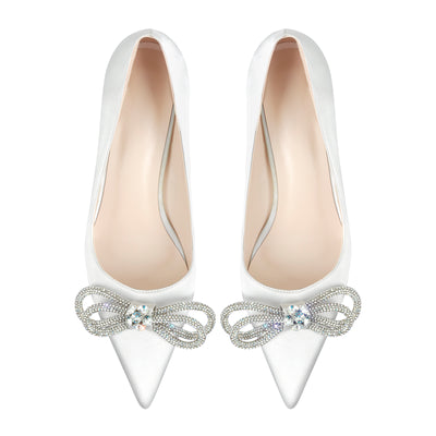 Pointed Toe Rhinestone Bow Mid Heel Pumps