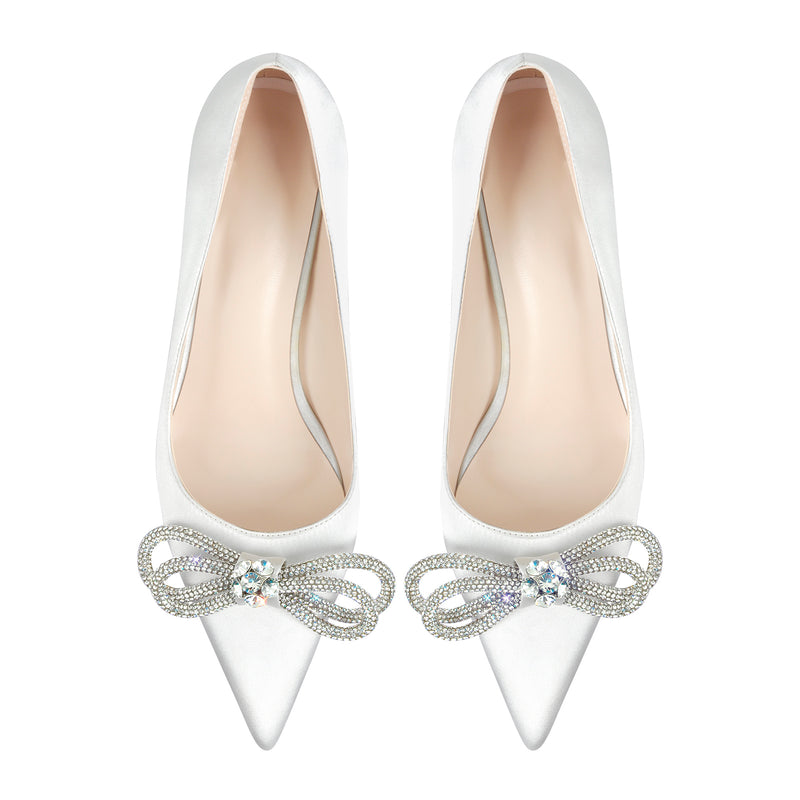 Pointed Toe Rhinestone Bow Mid Heel Pumps