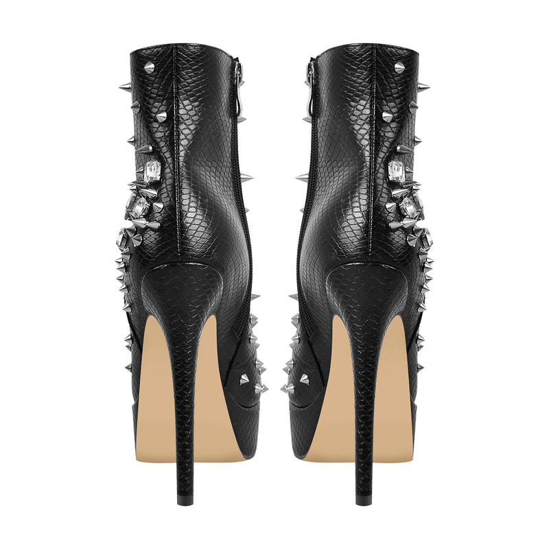 Black Rhinestone Rivet Studded Platform Ankle Boots