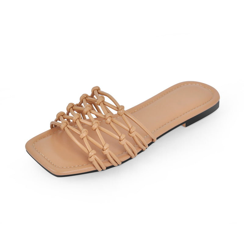 Square Toe Woven Strap Flat Sandals