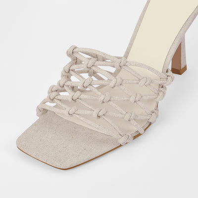 Linen Weave Sandals Square Open Toe High Heel Mules