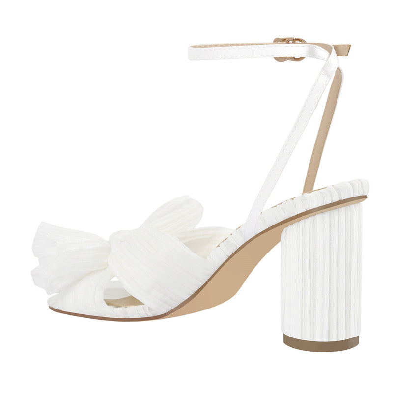 Pleated Bow Cylindrical Chunky Heel Sandals