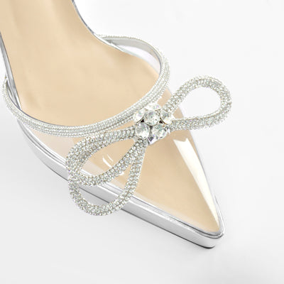 Pointed Toe Platform Rhinestone Bow Block Heel Sandals