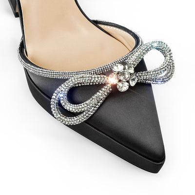 Pointed Toe Platform Rhinestone Bow Block Heel Sandals