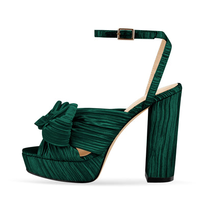 Platform Ankle Strap Pleated Bow Sandals