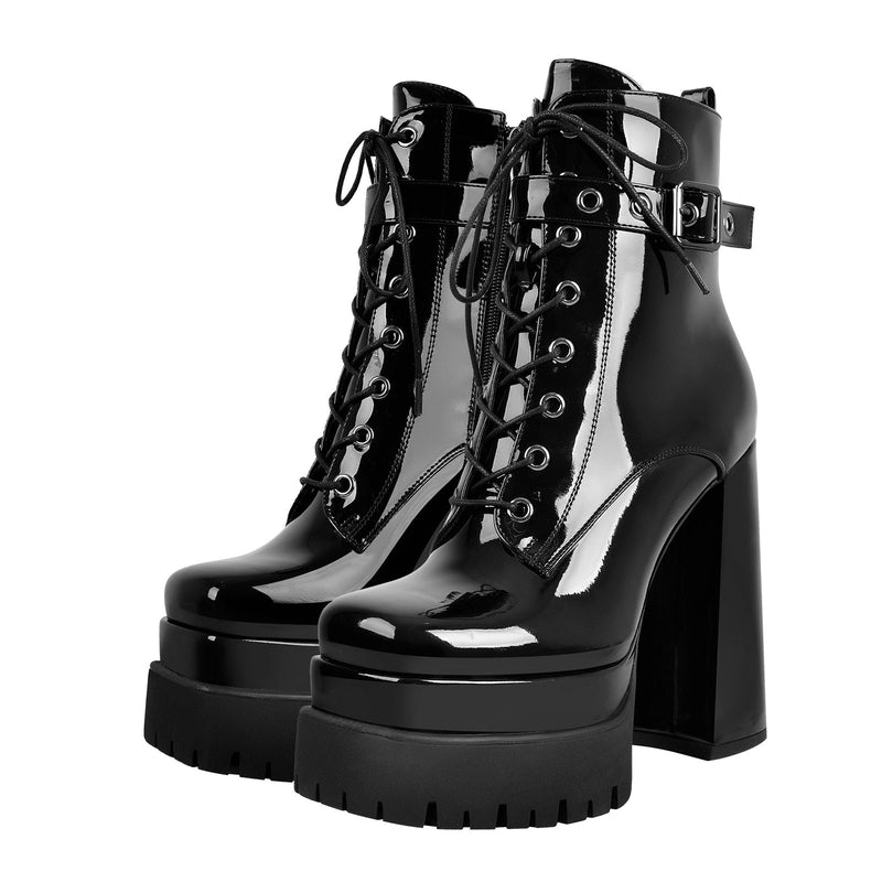 Black Lace up Zipper Chunky Ankle Boots