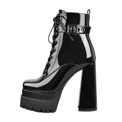 Black Lace up Zipper Chunky Ankle Boots