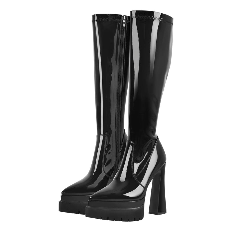 Black Pointed Toe Double Platform Knee High Boots