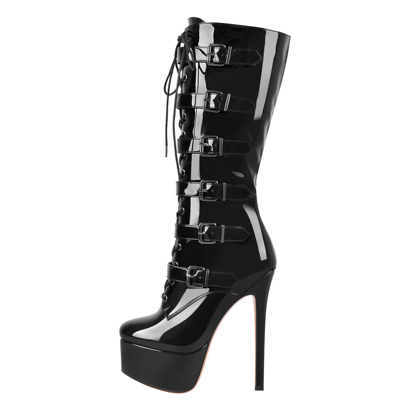 Black Patent Leather Platform Lace Up Knee High Boots