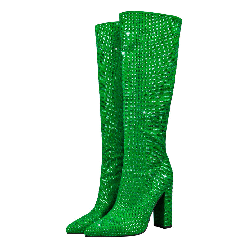 Pointed toe Chunky Heels Rhinestone Knee High Boots – Onlymaker