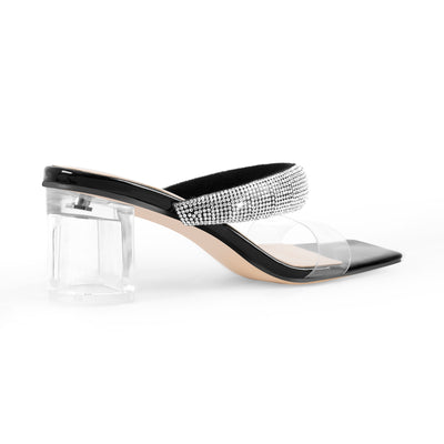 Clear Mid Block Heels Sliders Diamante Sandals