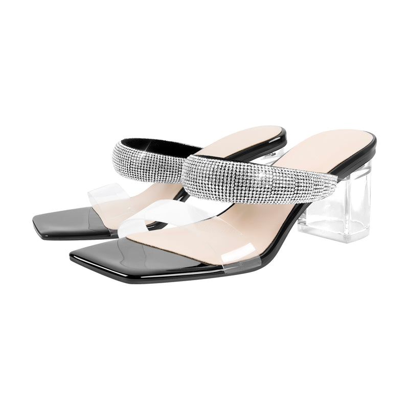 Clear Mid Block Heels Sliders Diamante Sandals