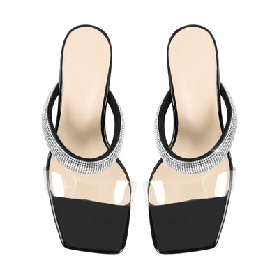 Clear Mid Block Heels Sliders Diamante Sandals