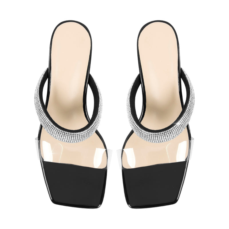 Clear Mid Block Heels Sliders Diamante Sandals
