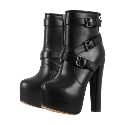 Round Toe Platform Chunky Buckle Zipper Ankle Boots