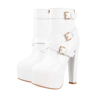 Round Toe Platform Chunky Buckle Zipper Ankle Boots