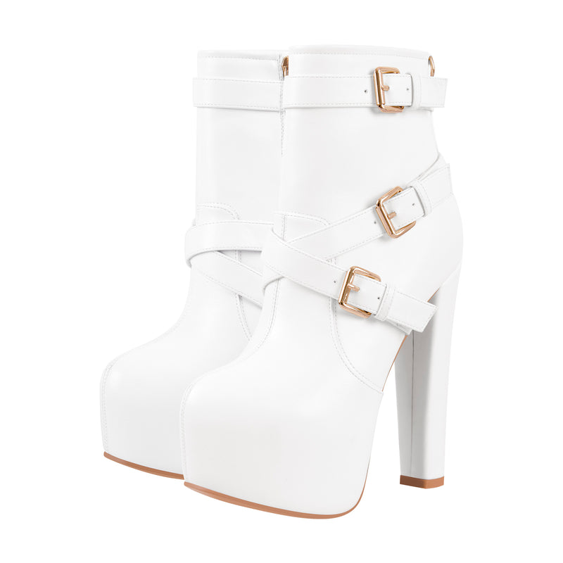 Round Toe Platform Chunky Buckle Zipper Ankle Boots
