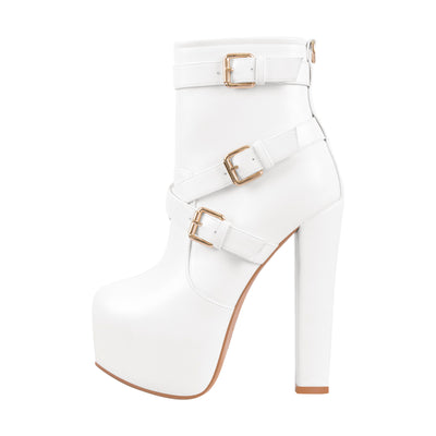 Round Toe Platform Chunky Buckle Zipper Ankle Boots