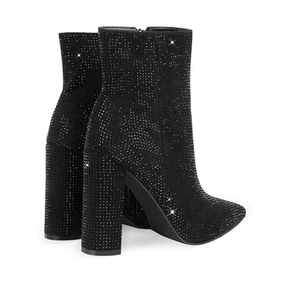 Pointed Toe Rhinestone Chunky Heel Ankle Boots