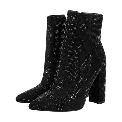 Pointed Toe Rhinestone Chunky Heel Ankle Boots