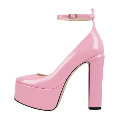 Platform Chunky Heel Ankle Strap Pink Pumps