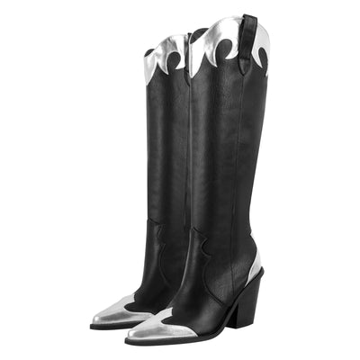 Pointed Toe Metallic Leather Trim Knee High Western Boots